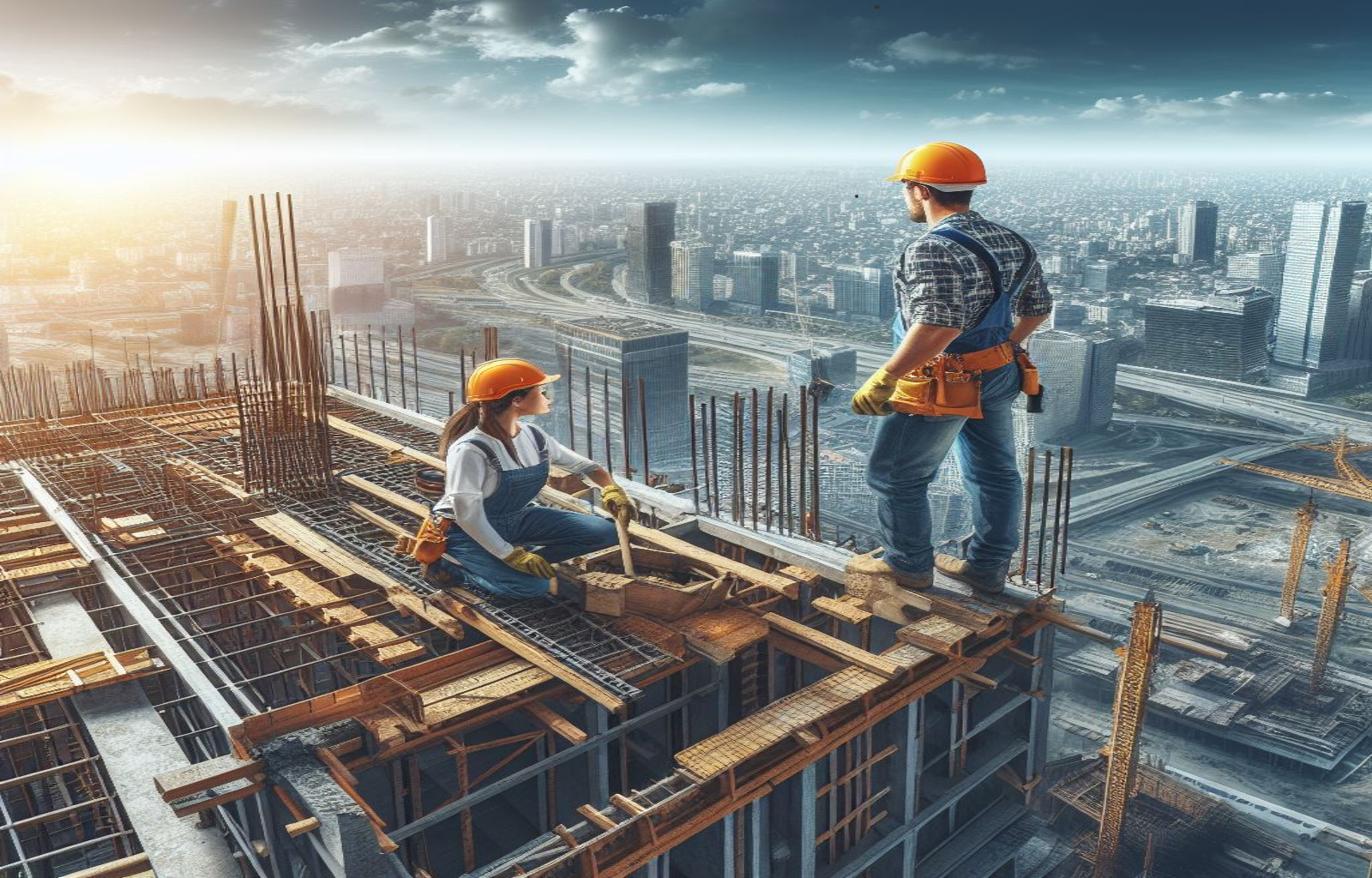 Presentación sobre construcción con elementos de construcción y un casco de seguridad