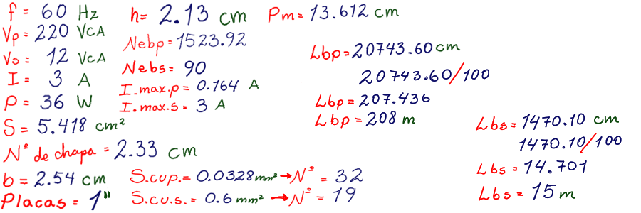 Calculo de las longitudes del alambre para un transformador acorazado de intensidad maxima de 1000 vatios