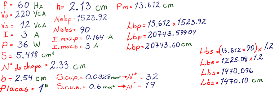 Calculo de las longitudes del alambre para un transformador acorazado de intensidad maxima de 1000 vatios