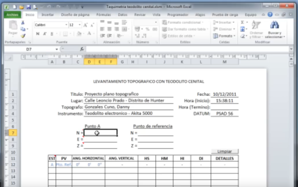 Taquimetría digital (Proceso de datos de teodolito en Excel)